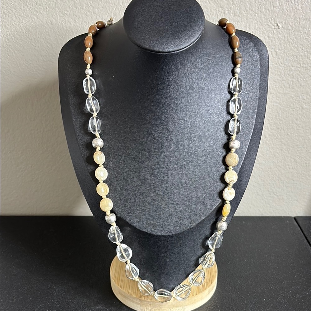 Glass Stone Long Adjustable Boho Corded Necklace Neutral Tan Clear